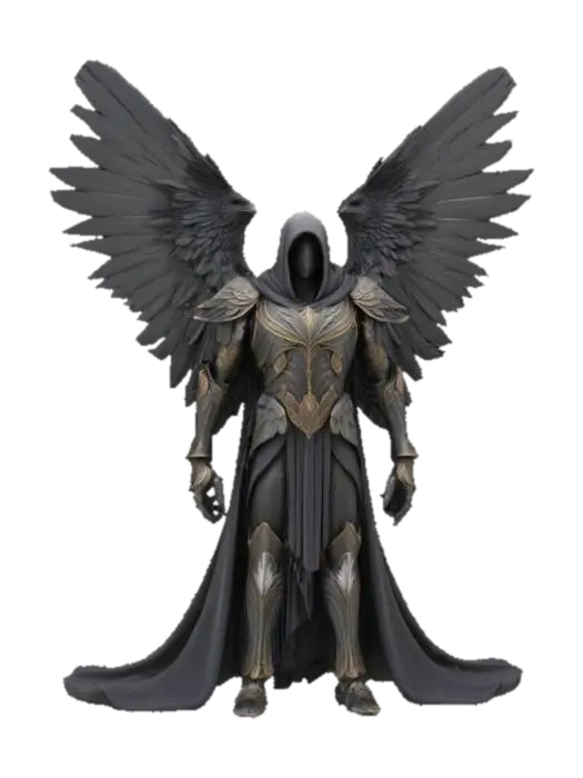 3D model for The mystical figure with large, detailed feathered wings, a dark, flowing robe, and intricately designed armor, presenting a blend of smooth and textured surfaces.