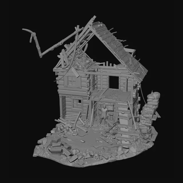 3D model for Post-earthquake Japanese building ruins, emergency rescue scene, partially collapsed wooden house, rubble piles forming chaotic environment, broken beams, roof fragments, cracked walls.

A survivor trapped under debris calling for help, rescue atmosphere, tense dramatic cinematic lighting, dust haze, scattered emergency items, damaged furniture, realistic environmental storytelling.

Ultra realistic textures, cinematic disaster scene, highly detailed destruction, game-ready, photorealistic lighting.