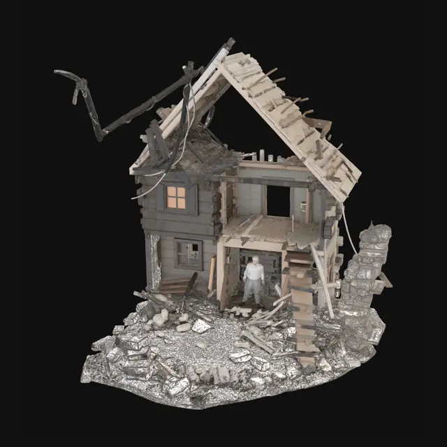3D model for Post-earthquake Japanese building ruins, emergency rescue scene, partially collapsed wooden house, rubble piles forming chaotic environment, broken beams, roof fragments, cracked walls.

A survivor trapped under debris calling for help, rescue atmosphere, tense dramatic cinematic lighting, dust haze, scattered emergency items, damaged furniture, realistic environmental storytelling.

Ultra realistic textures, cinematic disaster scene, highly detailed destruction, game-ready, photorealistic lighting.