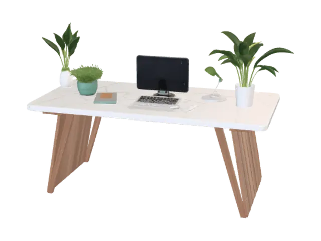 Modelong 3D na "A modern corporate office desk with a unique biophilic design. The two side legs of… - Laptop, ginawa ng AI