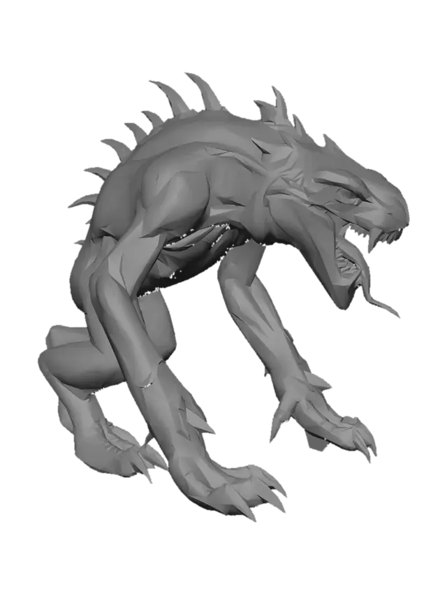 3D model for Venom gibi dişleri olan ve sırtındaki omugası boyunca sivri dikenli kemikleri olan ve pençeleri olan bir yaratık. Dili uzun ama venom kadar değil. Ten rengi açık kahverengi. Gözleri yılan gözlü.