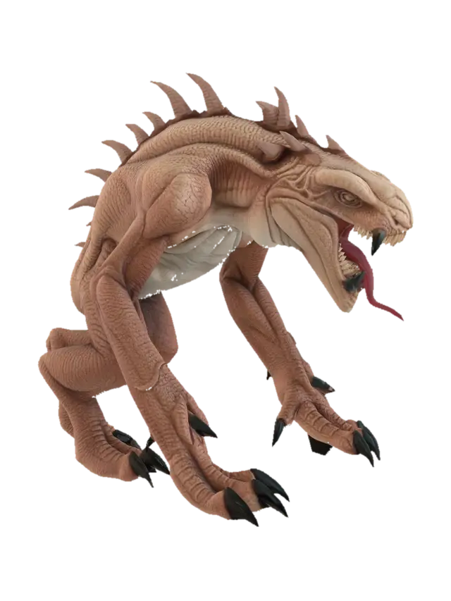 3D model for Venom gibi dişleri olan ve sırtındaki omugası boyunca sivri dikenli kemikleri olan ve pençeleri olan bir yaratık. Dili uzun ama venom kadar değil. Ten rengi açık kahverengi. Gözleri yılan gözlü.