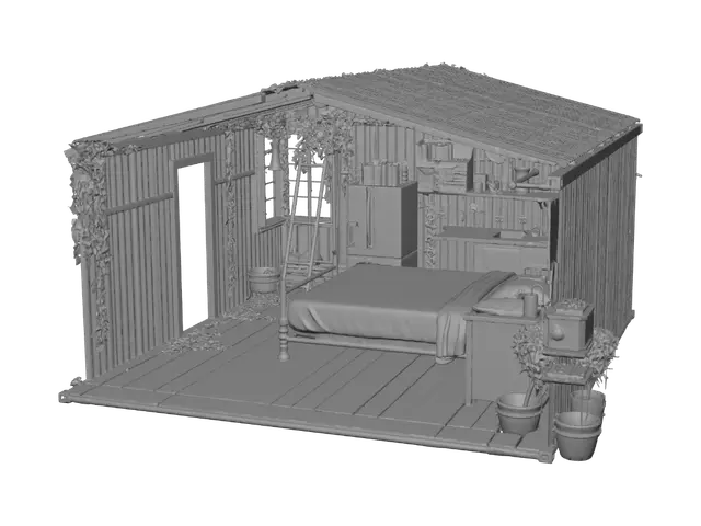 3D model for A single-story post-apocalyptic shelter with interior rooms, constructed from salvaged corrugated metal, weathered wood, and concrete. The structure shows rust, decay, and slight overgrown vines. Inside, an open layout features a rustic bed made of a worn metal frame and a heavy blanket in one corner. On the opposite side, a makeshift kitchen counter built from reclaimed timber stands with a small rusted metal sink, scattered tin cans, and a portable gas stove. Gritty textures, dusty floor, faded gray walls, realistic 3D game asset style, detailed, desolate, functional, abandoned.
