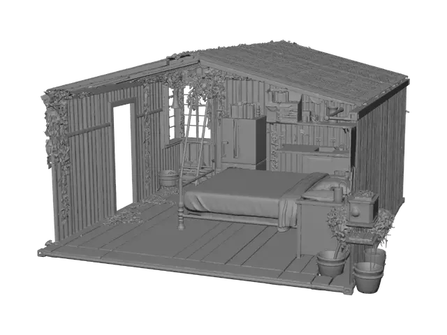3D model for A single-story post-apocalyptic shelter with interior rooms, constructed from salvaged corrugated metal, weathered wood, and concrete. The structure shows rust, decay, and slight overgrown vines. Inside, an open layout features a rustic bed made of a worn metal frame and a heavy blanket in one corner. On the opposite side, a makeshift kitchen counter built from reclaimed timber stands with a small rusted metal sink, scattered tin cans, and a portable gas stove. Gritty textures, dusty floor, faded gray walls, realistic 3D game asset style, detailed, desolate, functional, abandoned.