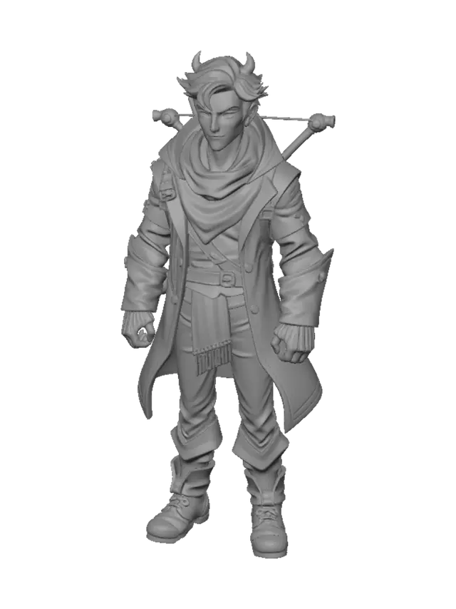 3D model for Character design sheet, full body, dynamic 3/4 heroic pose, stylized semi-cartoon dark fantasy game art. Rugged male monster hunter, about 30, athletic build, weathered handsome face, light stubble, faint brow scar, calm determined eyes, dark messy shoulder-length hair. Worn hooded leather hunter coat (hood down), layered dark clothes, leather bracers, sturdy boots, belts and pouches. Signature glowing amber-red scarf. Crossbow on back. Subtle ember aura around silhouette. Clean bold outlines, readable silhouette, soft painterly cel shading, dramatic rim light, cinematic mood. Muted charcoal, deep crimson, bone white and bronze palette with vivid amber-red accent. Friendly mysterious storybook feel, no gore. High-quality professional concept art, clean neutral background, detailed, not pho