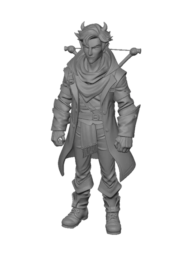 3D model for Character design sheet, full body, dynamic 3/4 heroic pose, stylized semi-cartoon dark fantasy game art. Rugged male monster hunter, about 30, athletic build, weathered handsome face, light stubble, faint brow scar, calm determined eyes, dark messy shoulder-length hair. Worn hooded leather hunter coat (hood down), layered dark clothes, leather bracers, sturdy boots, belts and pouches. Signature glowing amber-red scarf. Crossbow on back. Subtle ember aura around silhouette. Clean bold outlines, readable silhouette, soft painterly cel shading, dramatic rim light, cinematic mood. Muted charcoal, deep crimson, bone white and bronze palette with vivid amber-red accent. Friendly mysterious storybook feel, no gore. High-quality professional concept art, clean neutral background, detailed, not pho