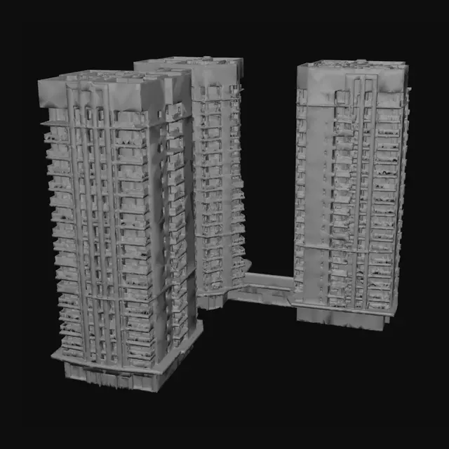 3D model for Soviet Brutalist elite high-rise apartment complex, L-shaped plan, two massive rectangular wings meeting at a 90-degree corner, one wing 30 storeys and one wing 18 storeys, inspired by Pripyat/Chernobyl-era Soviet planned towns, raw precast concrete, repetitive modular façade, recessed balconies, vertical service cores, narrow window strips, heavy concrete frame, faded Cyrillic signage, rooftop mechanical blocks, red star relief, cold overcast lighting, wide Soviet plaza, bare trees, concrete planters, heating pipes, trolleybus wires, cinematic architectural visualization, realistic weathered concrete, monumental authoritarian atmosphere, 8k realistic render.