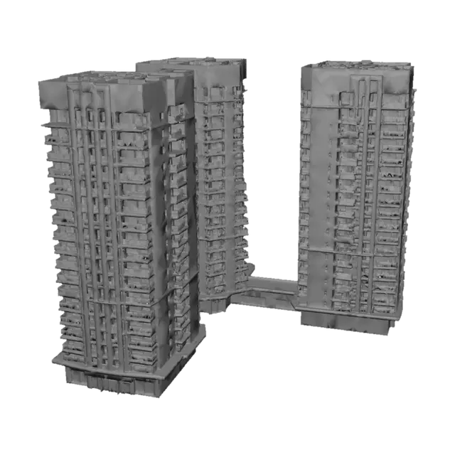 3D model for Soviet Brutalist elite high-rise apartment complex, L-shaped plan, two massive rectangular wings meeting at a 90-degree corner, one wing 30 storeys and one wing 18 storeys, inspired by Pripyat/Chernobyl-era Soviet planned towns, raw precast concrete, repetitive modular façade, recessed balconies, vertical service cores, narrow window strips, heavy concrete frame, faded Cyrillic signage, rooftop mechanical blocks, red star relief, cold overcast lighting, wide Soviet plaza, bare trees, concrete planters, heating pipes, trolleybus wires, cinematic architectural visualization, realistic weathered concrete, monumental authoritarian atmosphere, 8k realistic render.