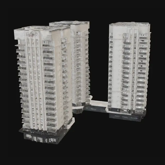 3D model for Soviet Brutalist elite high-rise apartment complex, L-shaped plan, two massive rectangular wings meeting at a 90-degree corner, one wing 30 storeys and one wing 18 storeys, inspired by Pripyat/Chernobyl-era Soviet planned towns, raw precast concrete, repetitive modular façade, recessed balconies, vertical service cores, narrow window strips, heavy concrete frame, faded Cyrillic signage, rooftop mechanical blocks, red star relief, cold overcast lighting, wide Soviet plaza, bare trees, concrete planters, heating pipes, trolleybus wires, cinematic architectural visualization, realistic weathered concrete, monumental authoritarian atmosphere, 8k realistic render.