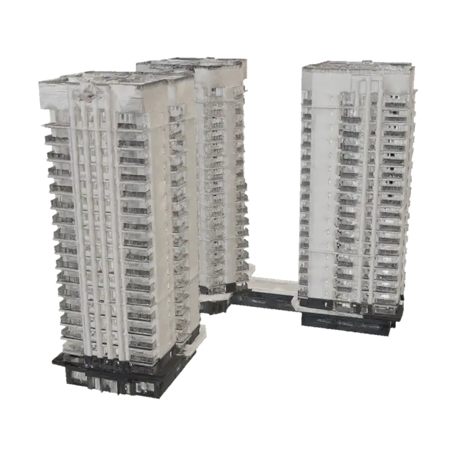 3D model for Soviet Brutalist elite high-rise apartment complex, L-shaped plan, two massive rectangular wings meeting at a 90-degree corner, one wing 30 storeys and one wing 18 storeys, inspired by Pripyat/Chernobyl-era Soviet planned towns, raw precast concrete, repetitive modular façade, recessed balconies, vertical service cores, narrow window strips, heavy concrete frame, faded Cyrillic signage, rooftop mechanical blocks, red star relief, cold overcast lighting, wide Soviet plaza, bare trees, concrete planters, heating pipes, trolleybus wires, cinematic architectural visualization, realistic weathered concrete, monumental authoritarian atmosphere, 8k realistic render.