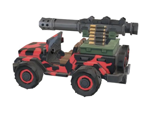 Red Camouflage Battle Jeep 3D model, vytvořený pomocí AI