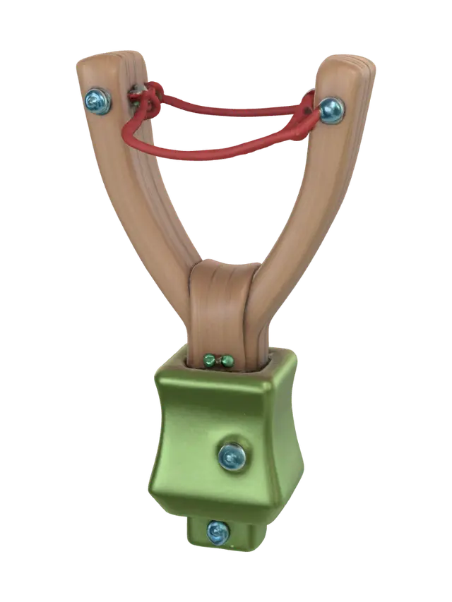 3D model for Slingshot weapon, stylized low-poly game asset, wooden Y-frame with stretched red rubber band, bright green leather pouch, colorful adventurer style