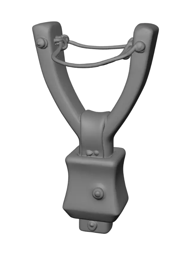 3D model for Slingshot weapon, stylized low-poly game asset, wooden Y-frame with stretched red rubber band, bright green leather pouch, colorful adventurer style