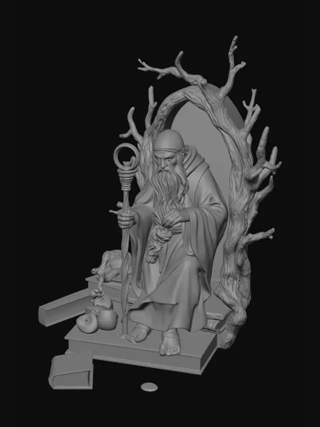 3D model for 3D-printable fantasy book nook diorama, vertical rectangular shadow-box shelf insert, no surrounding books. Gandalf and frodo