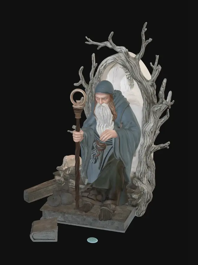 3D model for 3D-printable fantasy book nook diorama, vertical rectangular shadow-box shelf insert, no surrounding books. Gandalf and frodo