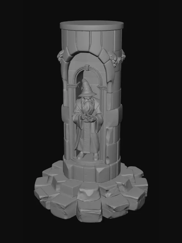 3D model for Vertical 3D printable book nook, side perspective. Thick rectangular stone case with deep arched front, layered diorama interior. Elderly grey wizard with tall pointed hat, long beard, expressive wrinkled face, leaning forward inside the niche. One hand extended toward viewer holding a large glowing golden ring. Side pillars become two monumental stone king guardians like Argonath, crowned, holding swords, simplified as bold bas-relief. Bottom scene shows a small Rivendell/Shire-inspired valley: bridge, path, tiny houses, trees, rocks, distant tower. FDM friendly: strong silhouettes, chunky forms, medium detail, no thin parts, printable relief layers, stone texture, dramatic warm fantasy lighting.