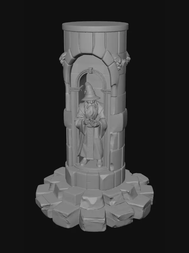 3D model for Vertical 3D printable book nook, side perspective. Thick rectangular stone case with deep arched front, layered diorama interior. Elderly grey wizard with tall pointed hat, long beard, expressive wrinkled face, leaning forward inside the niche. One hand extended toward viewer holding a large glowing golden ring. Side pillars become two monumental stone king guardians like Argonath, crowned, holding swords, simplified as bold bas-relief. Bottom scene shows a small Rivendell/Shire-inspired valley: bridge, path, tiny houses, trees, rocks, distant tower. FDM friendly: strong silhouettes, chunky forms, medium detail, no thin parts, printable relief layers, stone texture, dramatic warm fantasy lighting.