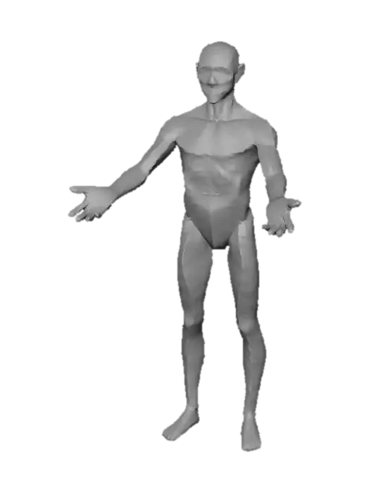 3D model for Create a stylized low-poly 3D character of a primitive human for a survival game. The character should look like a simple caveman-like small human with clean silhouette, slightly cute proportions, basic primitive clothing, minimal detail, and readable form. Keep the model game-ready for Unity, low-poly, neutral standing pose, and suitable for later animation. Single character only. No extra props.