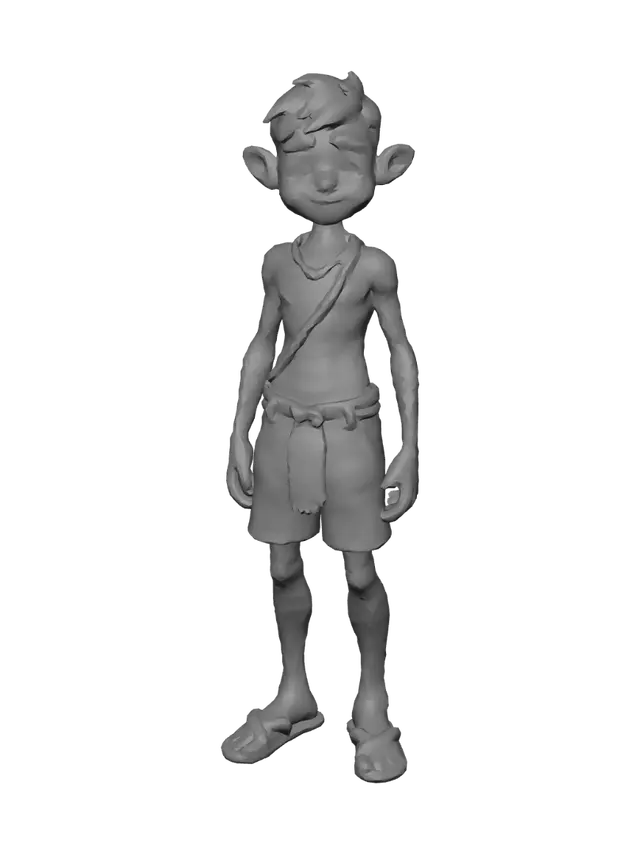 3D model for Create a stylized low-poly 3D character of a primitive human for a survival game. The character should look like a simple caveman-like small human with clean silhouette, slightly cute proportions, basic primitive clothing, minimal detail, and readable form. Keep the model game-ready for Unity, low-poly, neutral standing pose, and suitable for later animation. Single character only. No extra props.
