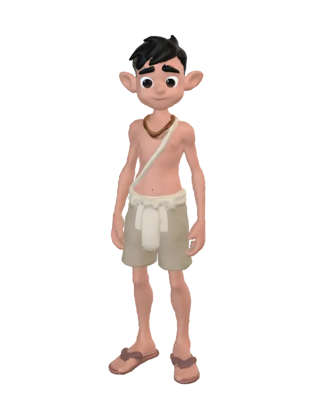 3D model for Create a stylized low-poly 3D character of a primitive human for a survival game. The character should look like a simple caveman-like small human with clean silhouette, slightly cute proportions, basic primitive clothing, minimal detail, and readable form. Keep the model game-ready for Unity, low-poly, neutral standing pose, and suitable for later animation. Single character only. No extra props.