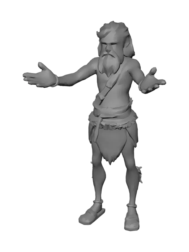 3D model for Create a stylized low-poly 3D character of a primitive human for a survival game. The character should look like a simple caveman-like small human with clean silhouette, slightly cute proportions, basic primitive clothing, minimal detail, and readable form. Keep the model game-ready for Unity, low-poly, neutral standing pose, and suitable for later animation. Single character only. No extra props.