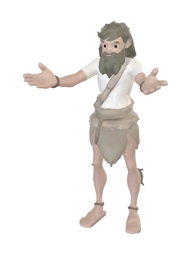 3D model for Create a stylized low-poly 3D character of a primitive human for a survival game. The character should look like a simple caveman-like small human with clean silhouette, slightly cute proportions, basic primitive clothing, minimal detail, and readable form. Keep the model game-ready for Unity, low-poly, neutral standing pose, and suitable for later animation. Single character only. No extra props.