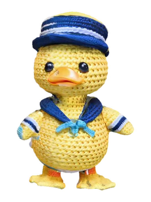 Cute amigurumi duck toy dressed as a sailor, yellow crochet yarn texture, blue… 3D model, vytvořený pomocí AI