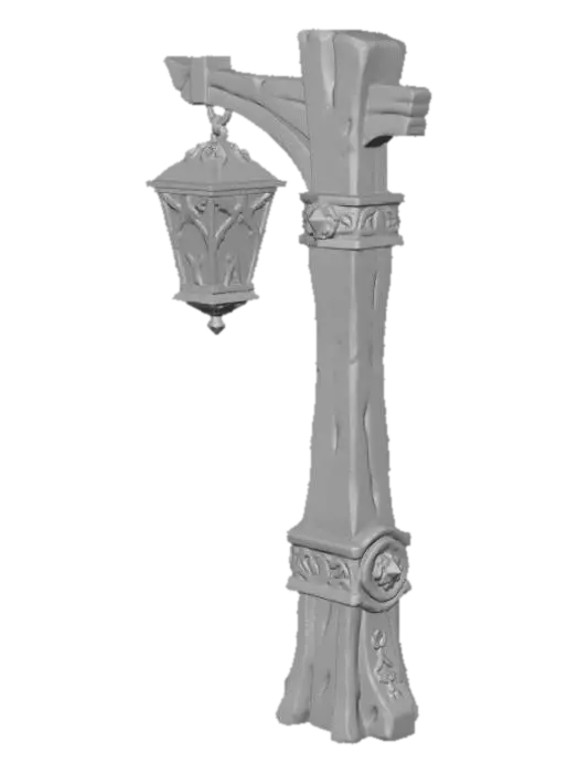 3D model for je veux un lampadaire en bois qui contient un peut de métal avec une lanterne pour mon mmorpg à la WoW, avec les graphisme à la league of legend