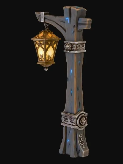 3D model for je veux un lampadaire en bois qui contient un peut de métal avec une lanterne pour mon mmorpg à la WoW, avec les graphisme à la league of legend