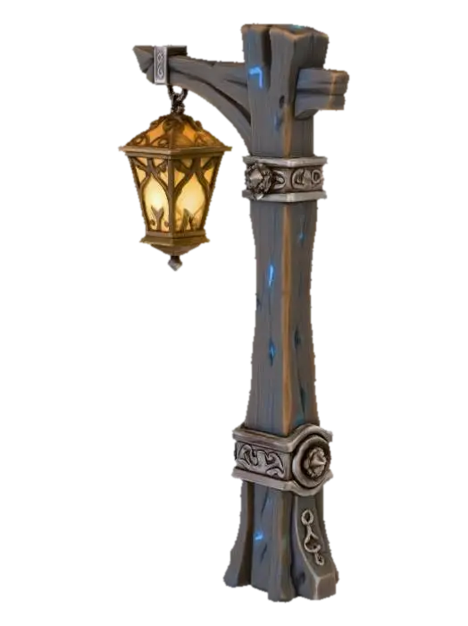 3D model for je veux un lampadaire en bois qui contient un peut de métal avec une lanterne pour mon mmorpg à la WoW, avec les graphisme à la league of legend