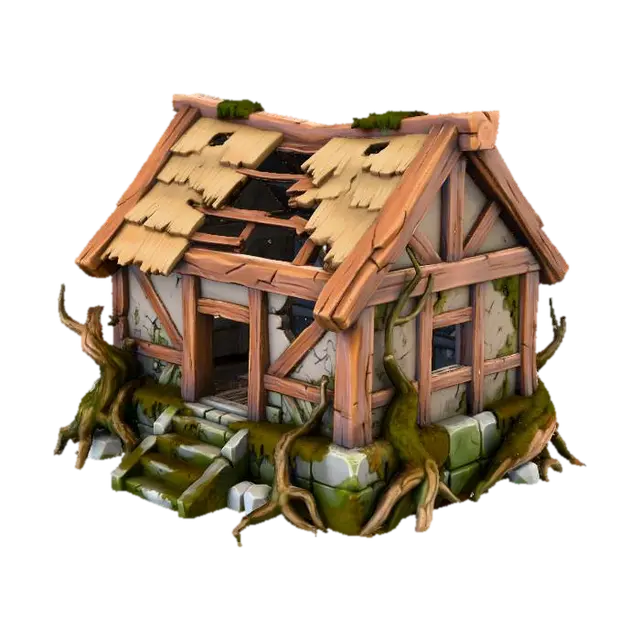 A small collapsed wooden house for a fantasy forest spawn zone. Broken roof,… 3D model, vytvořený pomocí AI