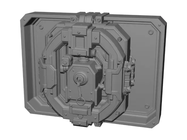 3D model for Wall-mounted mechanical key holder box, cyberpunk sci-fi armor plating style, futuristic industrial mech design, ultra-detailed greeble and panelling textures. Functional print-in-place gravity mechanism, drop-down sliding inner core, two separate interlocking sliding pieces, perfectly balanced haptic feedback. Flat back panel for wall mounting with adhesive tape, completely flat base plate for optimal 3D printing bed adhesion. Zero overhang design, steep 45-degree angle slopes, completely support-free printing structure. Hard surface modeling, crisp sharp geometric edges, clean topology, watertight mesh without errors. Engineered for FDM 3D printing, optimized for PLA and PETG filaments, 8k resolution digital render, high quality CAD precision, ultimate downloadable STL utility gadget ass