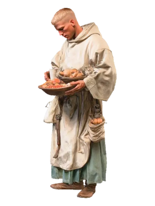 Pilgrim with a Basket of Fruits and Bread 3D model, vytvořený pomocí AI
