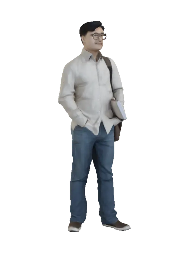 3D model for Create a character named Brother Li Xiang. He is from Minnan, dressed in a simple shirt and jeans. He is handsome, carries a work bag, wears ordinary glasses, and holds a work file.