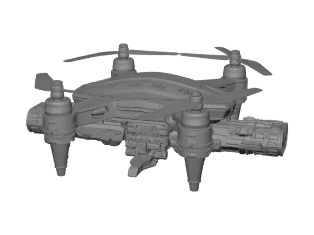 3D model for un dron cuadrado con 4 helices de pedazos de metal con un cañon de plasma abajo