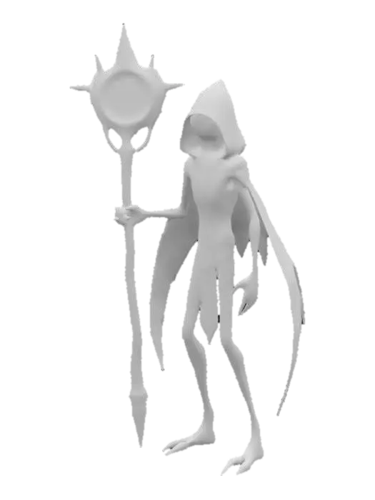 3D model for Low-poly evil alien sorcerer, wearing a dark hooded cloak, holding a glowing staff with intricate runes. Thin, elongated limbs, eerie glowing eyes, and sinister facial features. Dark fantasy style inspired by 1960s films. Minimalist design, sharp edges, clean geometry. Focus on silhouette and mystical aura. Low polygon count, optimized for game assets