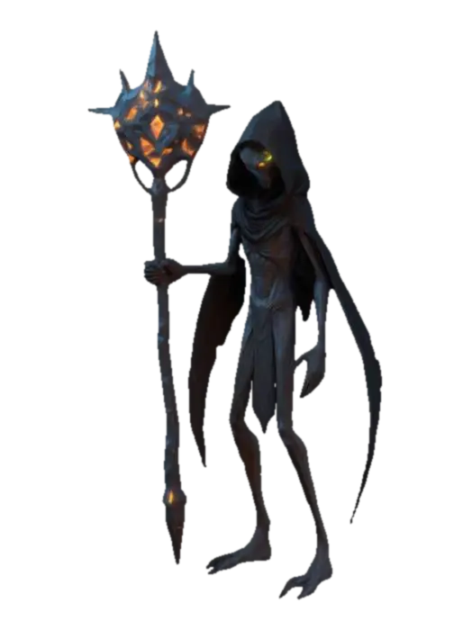 3D model for Low-poly evil alien sorcerer, wearing a dark hooded cloak, holding a glowing staff with intricate runes. Thin, elongated limbs, eerie glowing eyes, and sinister facial features. Dark fantasy style inspired by 1960s films. Minimalist design, sharp edges, clean geometry. Focus on silhouette and mystical aura. Low polygon count, optimized for game assets
