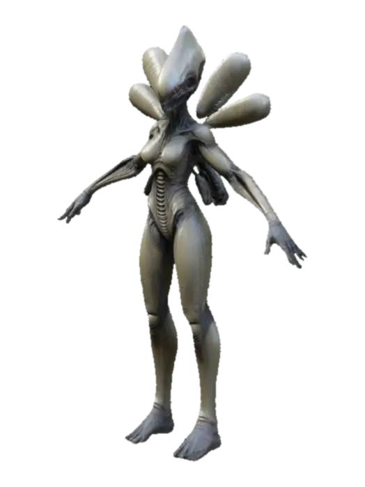 3D model for Create a detailed, military armored alien NPC in a T-pose for an FPS game, inspired by H. R. Giger, 90's sci-fi movies, comic books, and action figures. Include intricate textures, vivid colors, and unique anatomical features.