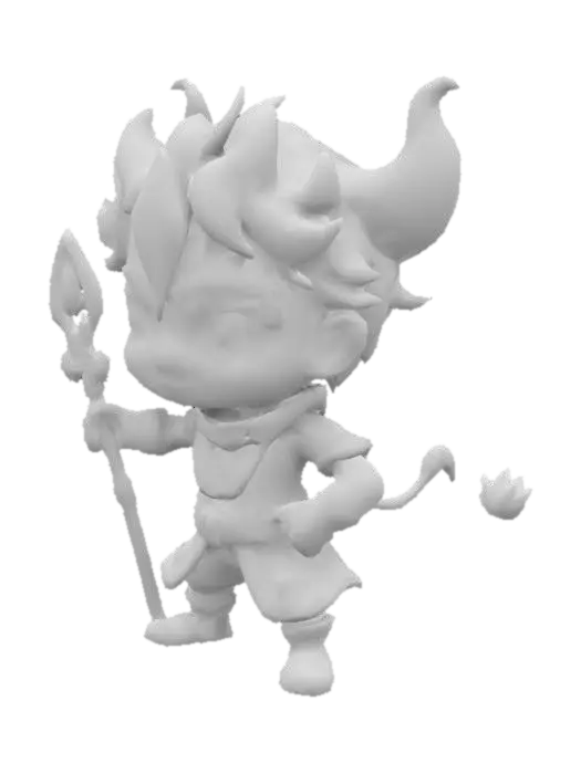 3D model for Arlecchino from Genshin Impact. Holding a polearm. Fighting pose. Chibi art style. Highly stylized. Highly detailed. Sharp, clean lines. All walls and features at least 2mm thick. Bold, recessed features with a depth of at least 2mm. Embossed features to rise at least 2mm above the surface. Recess etched details at least 2mm deep.