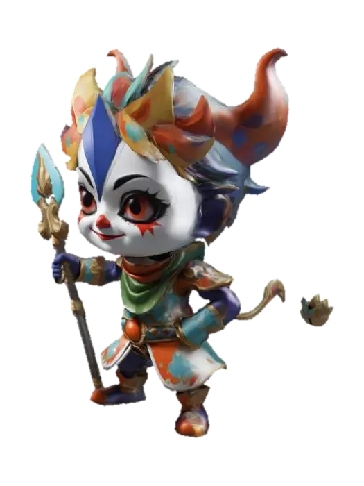 3D model for Arlecchino from Genshin Impact. Holding a polearm. Fighting pose. Chibi art style. Highly stylized. Highly detailed. Sharp, clean lines. All walls and features at least 2mm thick. Bold, recessed features with a depth of at least 2mm. Embossed features to rise at least 2mm above the surface. Recess etched details at least 2mm deep.