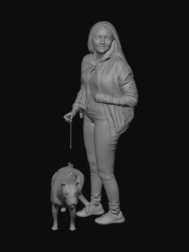 3D model for Blonde woman with two dogs by the waterfront