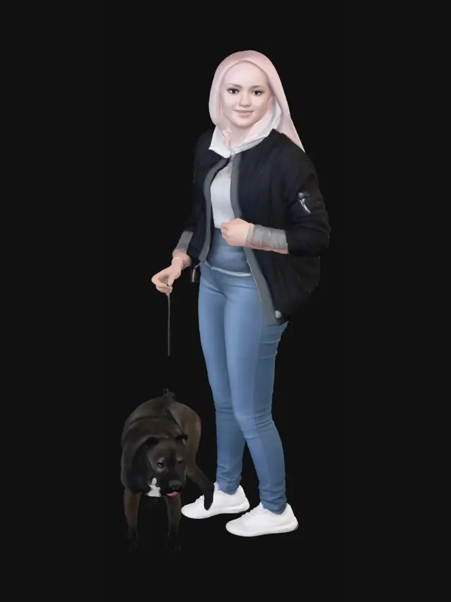 3D model for Blonde woman with two dogs by the waterfront