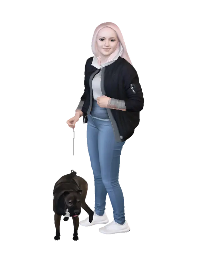 Blonde woman with two dogs by the waterfront - Seaside 3D model, vytvořený pomocí AI