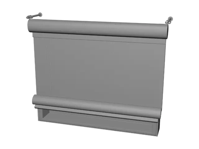 3D model for Create a realistic indoor roller blind as an isolated 3D asset. Include only one slim top cassette, one single flat fabric panel, one narrow weighted bottom bar, and two small mounting brackets. Approximate size: 1.60 m wide and 1.50 m extended height. Use light warm gray or off-white woven fabric with subtle textile texture. The fabric must be perfectly straight, smooth, flat, and evenly extended. Minimal modern European bedroom style. No extra rollers, no stacked tubes, no side rails, no lower frame, no window frame, no wrinkles, no folds, no waves, no wall, no room, no background.