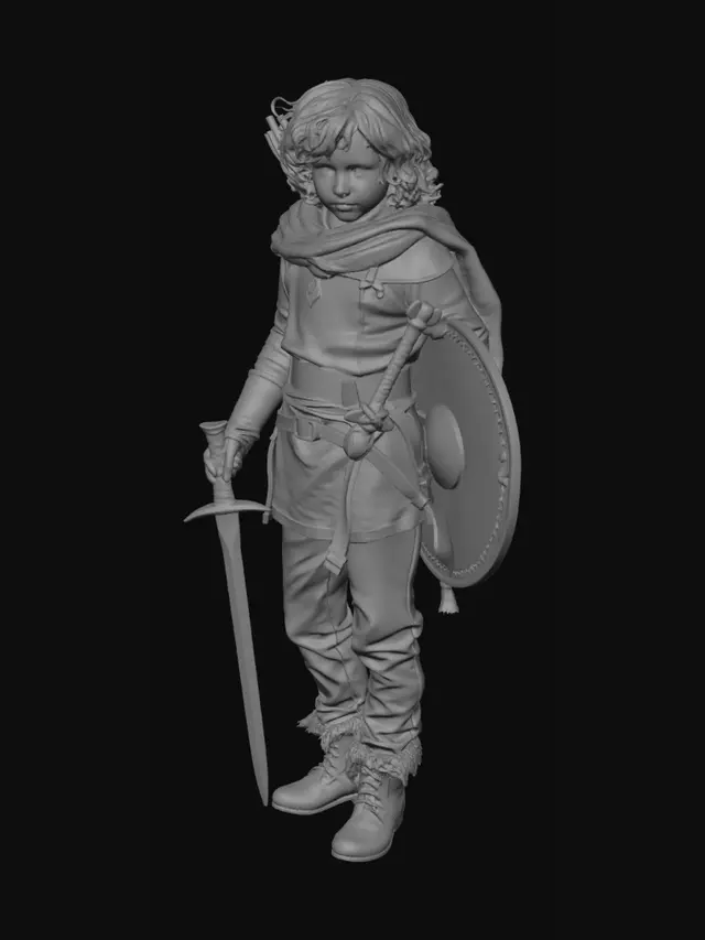 3D model for Mache eine Figur die aussieht wie ein junger held der sein Schwert für den finale schlag ansetzt. der Krieger soll lockige haare haben und ein Stoffgewand tragen. in der rechten hand soll ein Schwert sein und in der linken soll ein schild sein. der Krieger soll kein helm tragen und am rücken ein Pfeilbogen tragen. die Figur soll realistisch aussehen