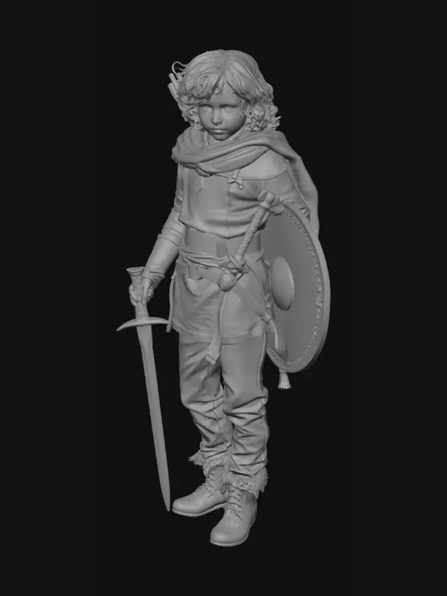 3D model for Mache eine Figur die aussieht wie ein junger held der sein Schwert für den finale schlag ansetzt. der Krieger soll lockige haare haben und ein Stoffgewand tragen. in der rechten hand soll ein Schwert sein und in der linken soll ein schild sein. der Krieger soll kein helm tragen und am rücken ein Pfeilbogen tragen. die Figur soll realistisch aussehen