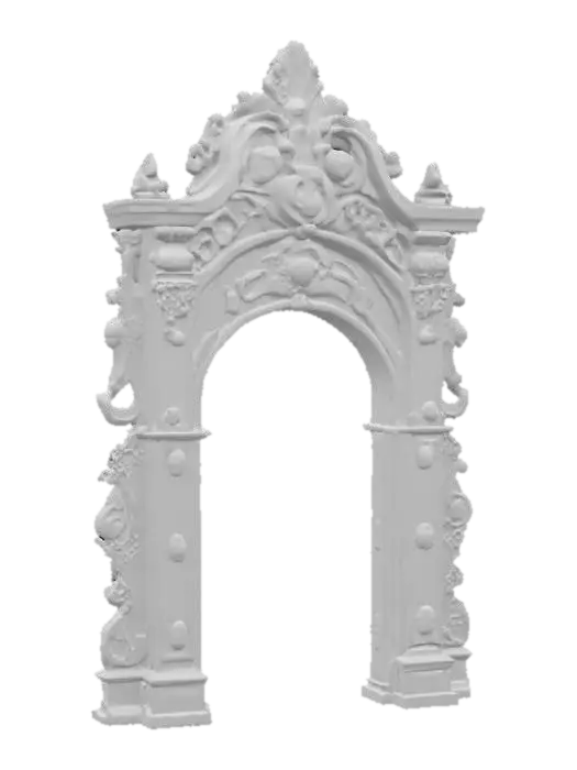 3D model for An elaborate, highly decorative arch sculpted from polished white marble, extensively embellished with intricate gold leaf patterns and relief carvings. Its surface is cool and incredibly smooth, contrasted by the slightly raised, textured feel of the gilded details. The primary color is a pristine, almost translucent white, accented by the opulent, lustrous gold that covers scrolls, floral motifs, and mythological figures. The arch features a complex, multi-layered structure with ornate cornices and pilasters, exuding a sense of grandeur and baroque splendor.