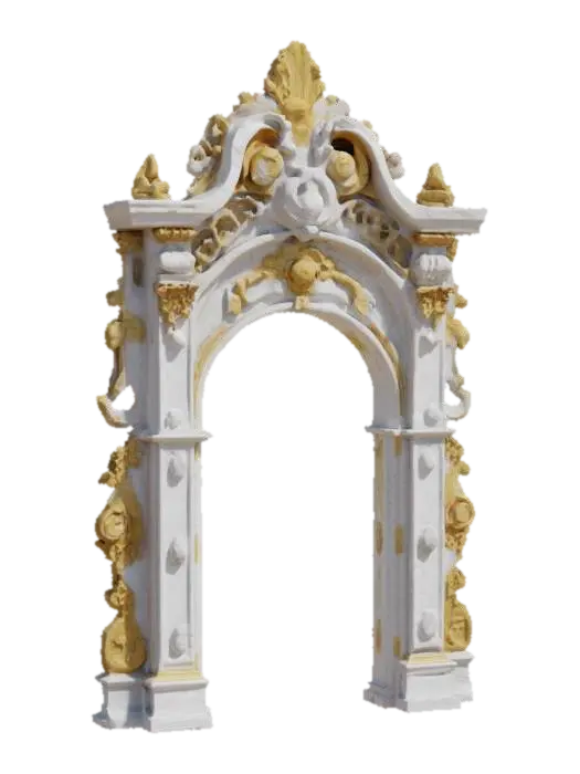 3D model for An elaborate, highly decorative arch sculpted from polished white marble, extensively embellished with intricate gold leaf patterns and relief carvings. Its surface is cool and incredibly smooth, contrasted by the slightly raised, textured feel of the gilded details. The primary color is a pristine, almost translucent white, accented by the opulent, lustrous gold that covers scrolls, floral motifs, and mythological figures. The arch features a complex, multi-layered structure with ornate cornices and pilasters, exuding a sense of grandeur and baroque splendor.