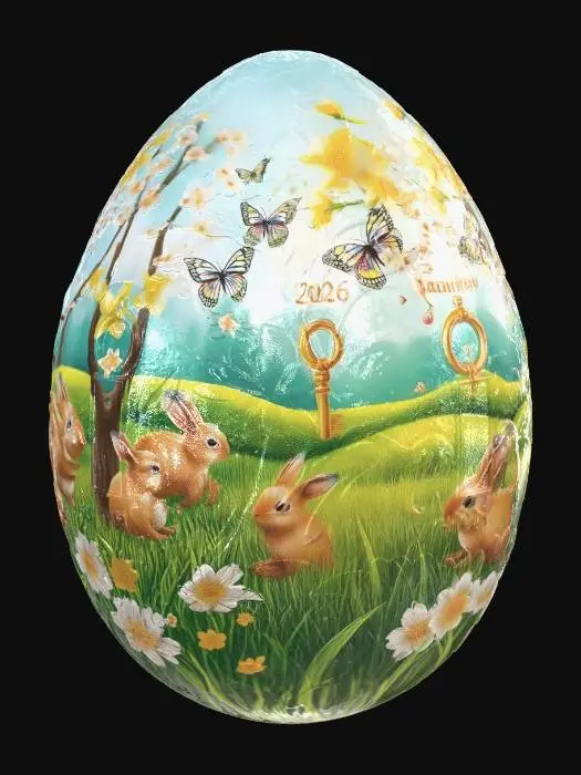 3D model for #EasterEgg2026#, "Easter Egg Hunt 2026: Imagine a truly spectacular Easter egg, not just dyed, but intricately hand-painted with miniature, vibrant spring landscapes. Picture tiny bunnies hopping through fields of shimmering dew-kissed grass, delicate butterflies with iridescent wings fluttering around blossoming cherry trees, and perhaps a hidden, sparkling golden key peeking out from behind a cluster of daffodils. The egg itself should have a subtle, pearlescent sheen, making the colors pop even more. Maybe even a tiny, almost invisible '2026' etched into a hidden corner, like a true collector's piece!"