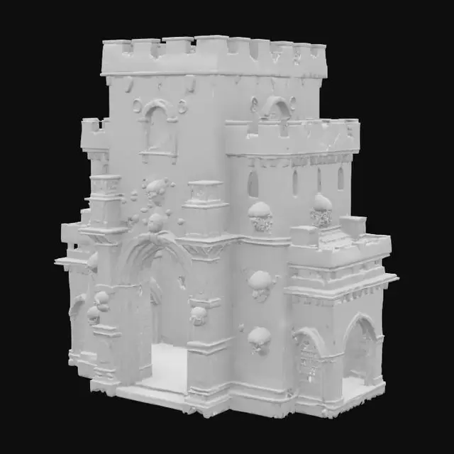 3D model for highly decorative RTS structure of a defensive Castle, adorned with strong archway doors to its inner courtyard, extensively embellished with intricate skull patterns and relief carvings, baroque horror spooky style, #arch#, Age of Empires style